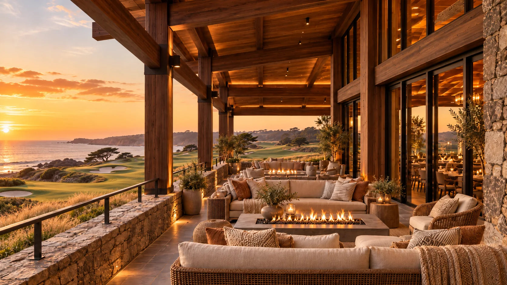 Clubhouse terrace overlooking a coastal golf course at sunset