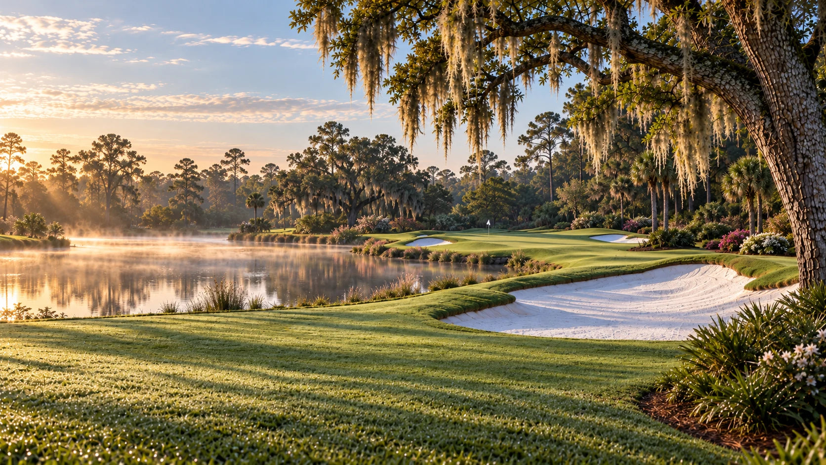 Misty sunrise over a lakeside golf course